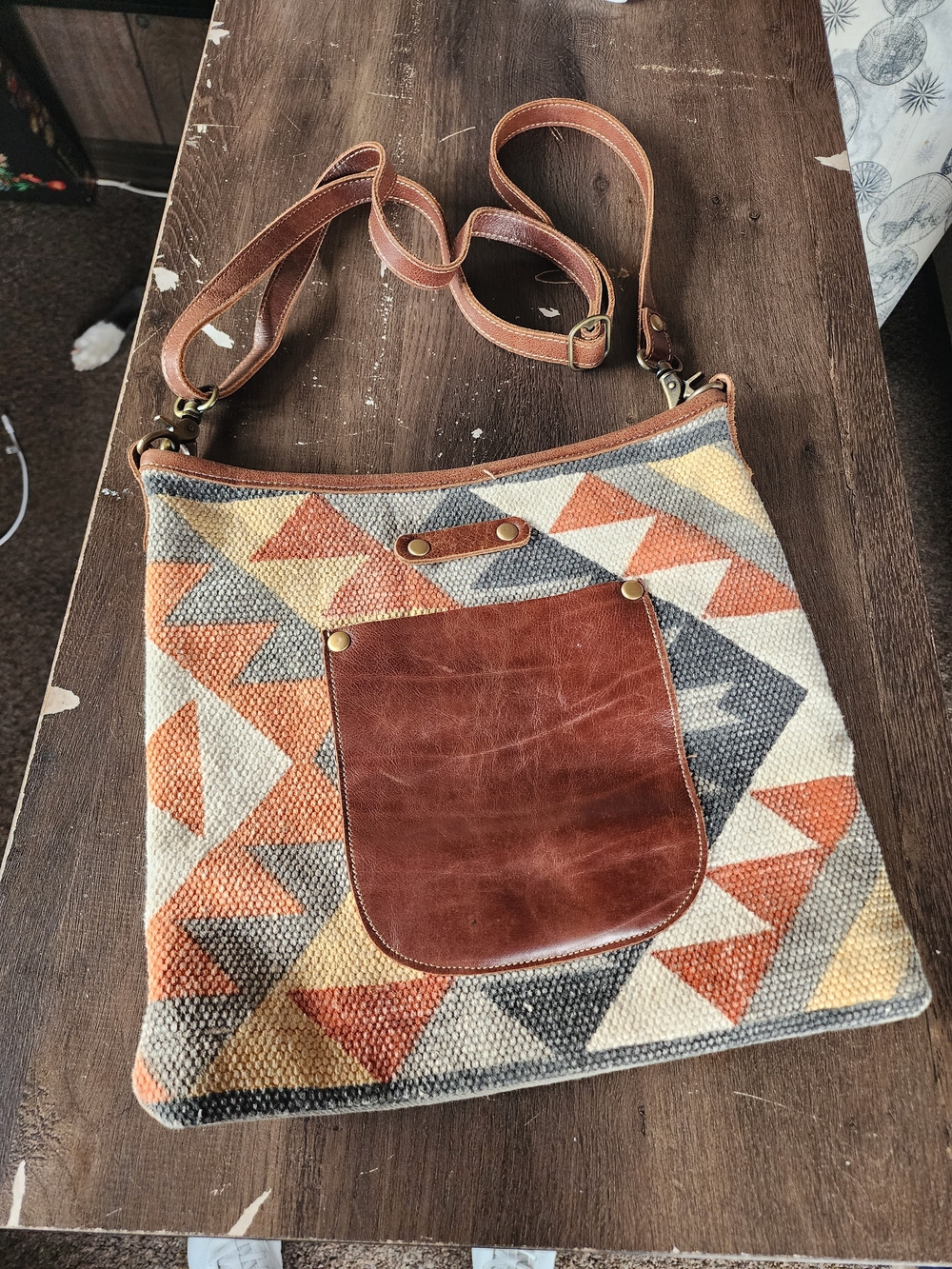 Myra Bag Leather-Pocket Geometric Crossbody in Tan, Orange, Gray